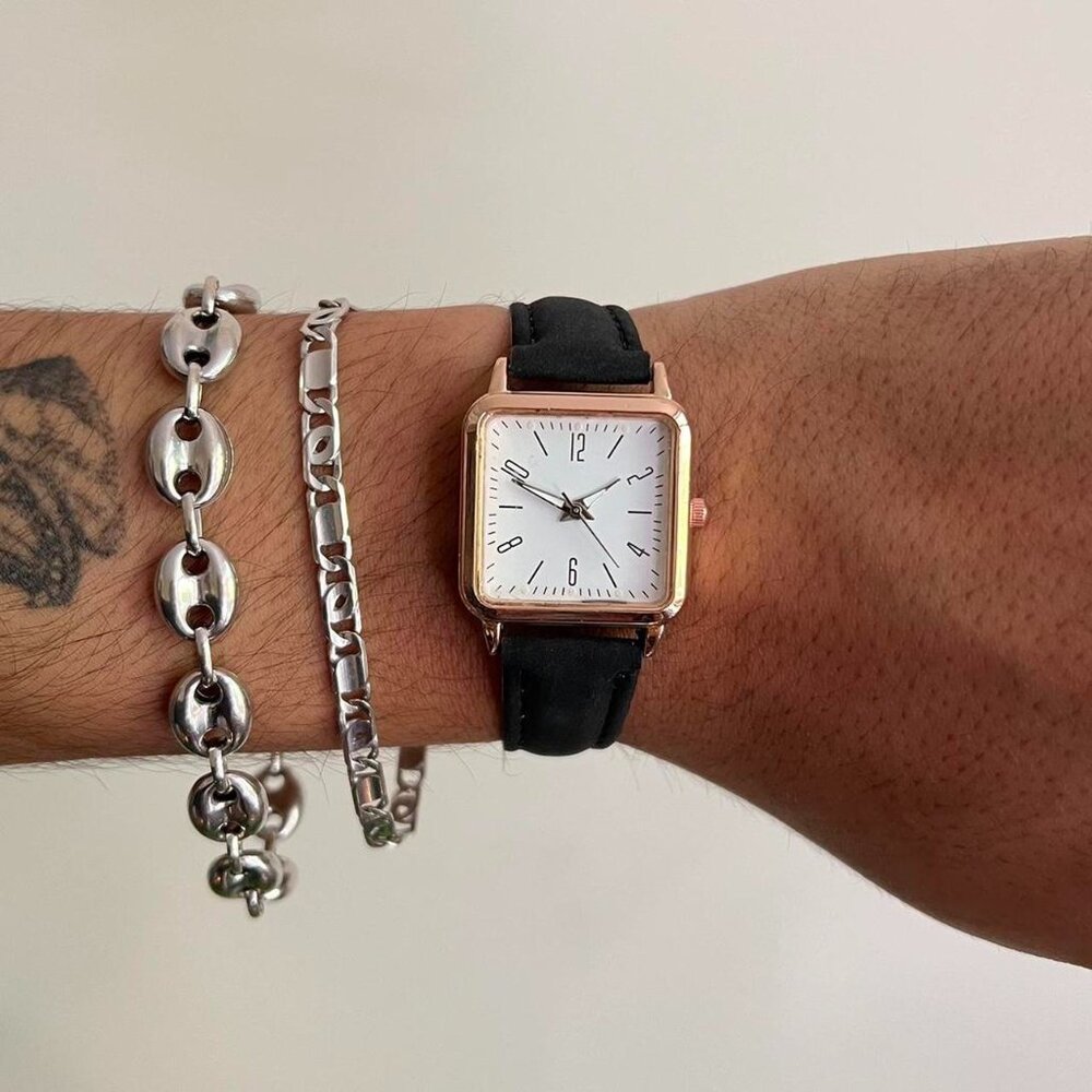 2000s vintage style cute square black leather luxury watch
